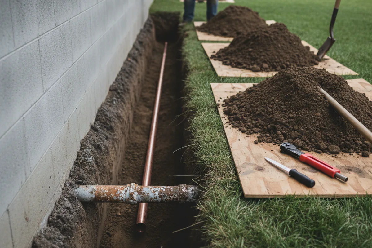 Excavated water line trench during Sewer Line Repair in Wye Mills